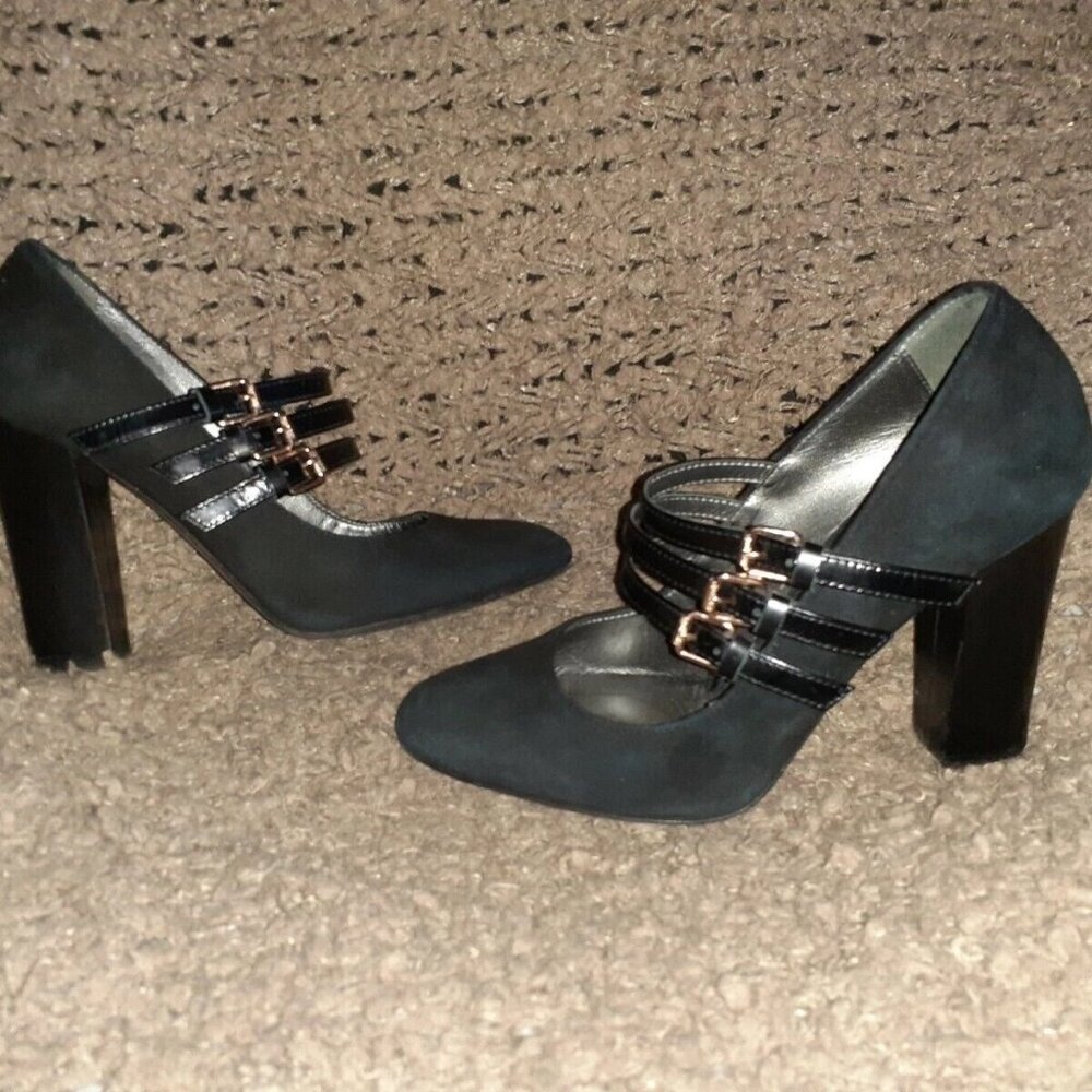 NAVYBOOT-Italy-Black Suede/Leather 3 Strap Mary Jane Pumps-Sz 36-Near Mint